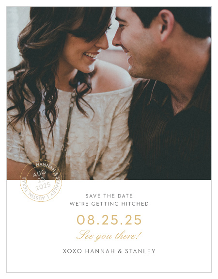 Composed from the heart, in gold foil, french grey and smoky taupe and embellished with your engagement photo, retro script and a postmark emblem, the Note Home Foil Save-the-Date Magnets are a momento of the love you and your betrothed share!