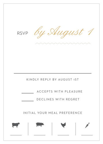 Composed from the heart and embellished with gold foiled retro script and french grey illustrated meal options, the Note Home Foil Response Cards are a charming choice for your RSVPs!