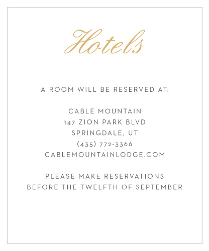Composed from the heart and embellished with gold foiled retro script the Note Home Foil Accommodation Cards are a charming choice to provide your traveling guests with reservations!