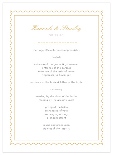 Composed from the heart, in colors of gold foil and french grey and embellished with retro script and a hand drawn frame, the Note Home Foil Wedding Programs are an endearing way to provide a schedule of the evening for your guests!