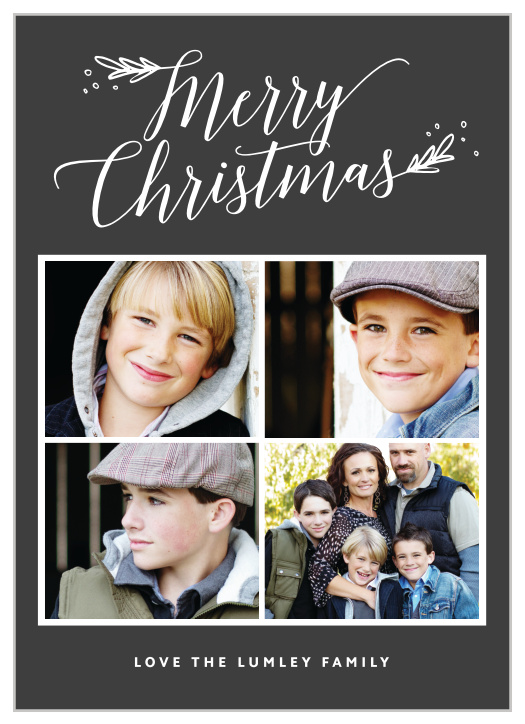 A gorgeous group of four photos takes front and center on our Leafy Script Photo Christmas Cards.