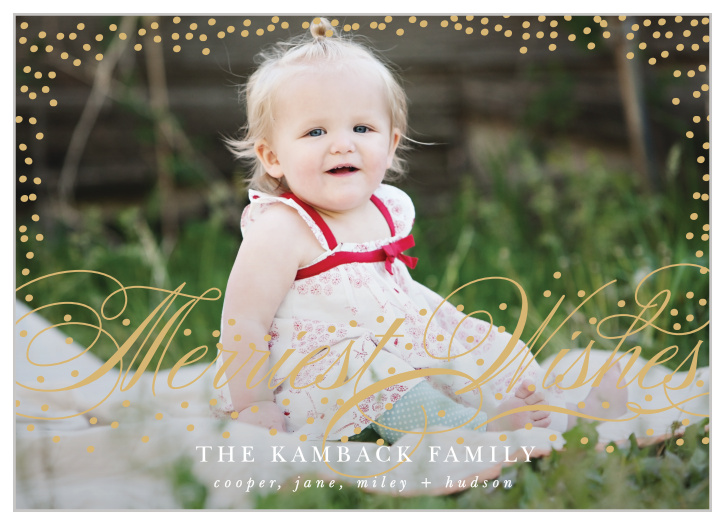 Merry Wishes Foil Photo Holiday Cards feature borders dotted with the first flakes of this year's snow, a gentle calligraphy in bright and beautiful gold-foil to declare your well-wishes, and an antiquely elegant print for your family's names.