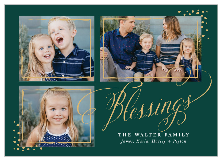 Decorate the peaceful evergreen background on our Bright Blessings Foil Photo Holiday Cards with a trio of your favorite photographs.