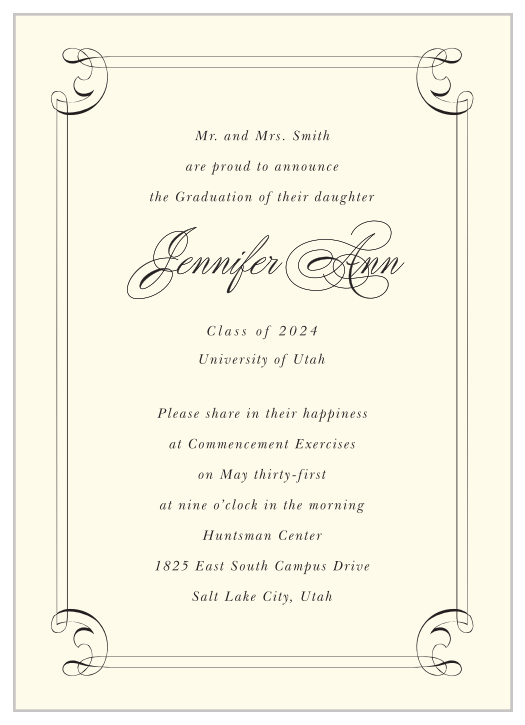 The  Victorian Stripes Graduation Invitation has a customizable pattern on both edges with text running the full length of the card. 