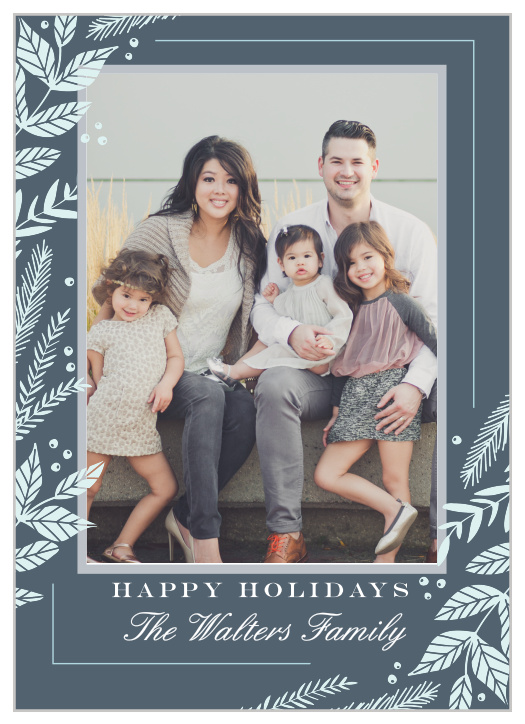 Our Fanciful Foliage Photo Holiday Cards are decorated with ascending columns of festive foliage along the sides, a beautiful family photo in the center, and your holiday wishes at the bottom in alternating bold print and elegant cursive.