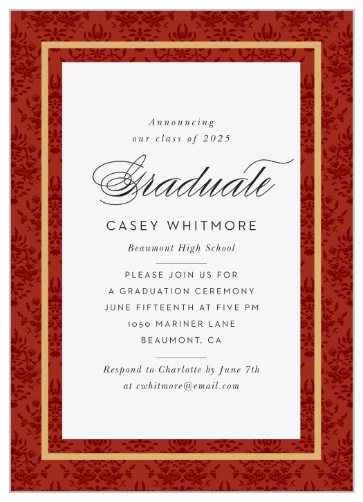 The Wrapped Damask Graduation Invitation is a unique design with an outer pattern background border broken up with a solid ribbon of color through the center at the to and bottom of the card. 