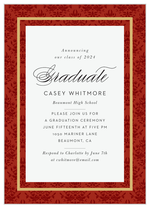 The Wrapped Damask Graduation Invitation is a unique design with an outer pattern background border broken up with a solid ribbon of color through the center at the to and bottom of the card. 