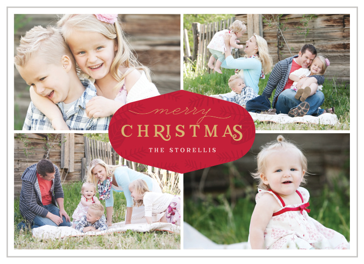 Upload your own favorite photos to create the perfect quartet for your Center Crest Foil Photo Christmas Cards.