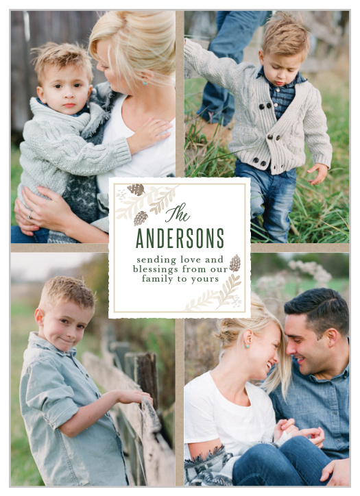 Few things express "Happy Holidays!" as well as lovely quartet of family photos: our Kraft Windows Photo Holiday Cards feature precisely that, with a square in the middle listing your family name and holiday greetings.