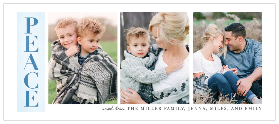 Proper Peace Tea Photo Christmas Cards feature a trio of your favorite family photos, arranged alongside a sky-blue banner bearing the word "Peace" in a deep, relaxing denim.