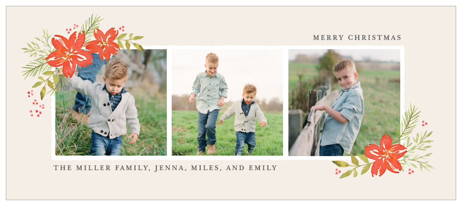 Three of your gorgeous photos are adorned with watercolored poinsettias along the length of our Pretty Poinsettias Tea Photo Christmas Cards.