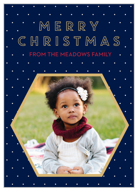 A gold foiled hexagon frames your photo atop a patterned, deep sea background for our Geometric Foil Photo Christmas Cards.