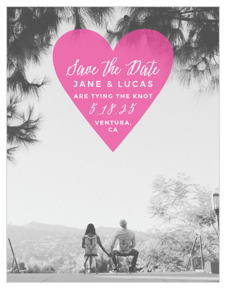 A semi-transparent inscribed heart sits atop your engagement photo for our Heart Beat Save-the-Date Cards. 