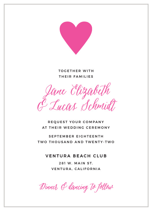 The Heart Beat Wedding Invitations are simple and romantic, a cerise heart and curling calligraphy are its only needed embellishment. 