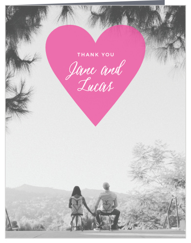 These lovely cards don't need much in the way of embellishment, just a semi-transparent inscribed heart atop your engagement photo.