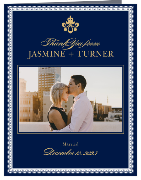 Finish your wedding stationery with the opulence of the Moroccan Frame Foil Photo Wedding Thank You Cards.