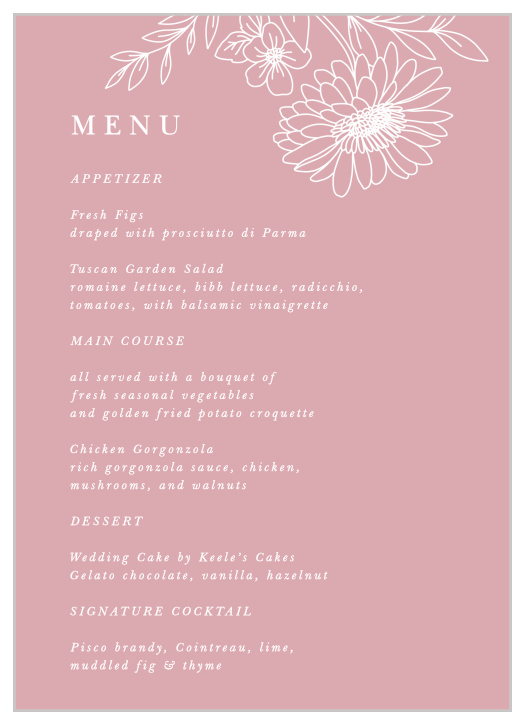 Our Elegant Gerber Daisy wedding menu has plenty of room for all your important details. Make your fairytale wedding complete with Elegant Gerber Daisy.