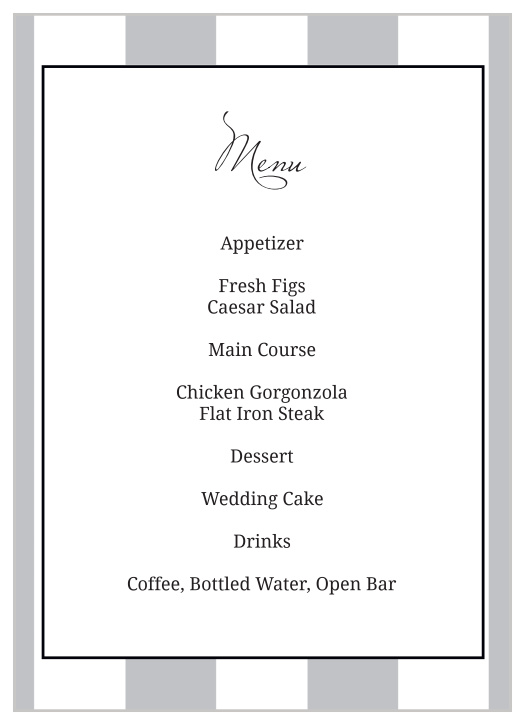 Our Elegant Stripes wedding menu with its distinctive look matching the rest of the Elegant Stripes invitation suite perfectly.