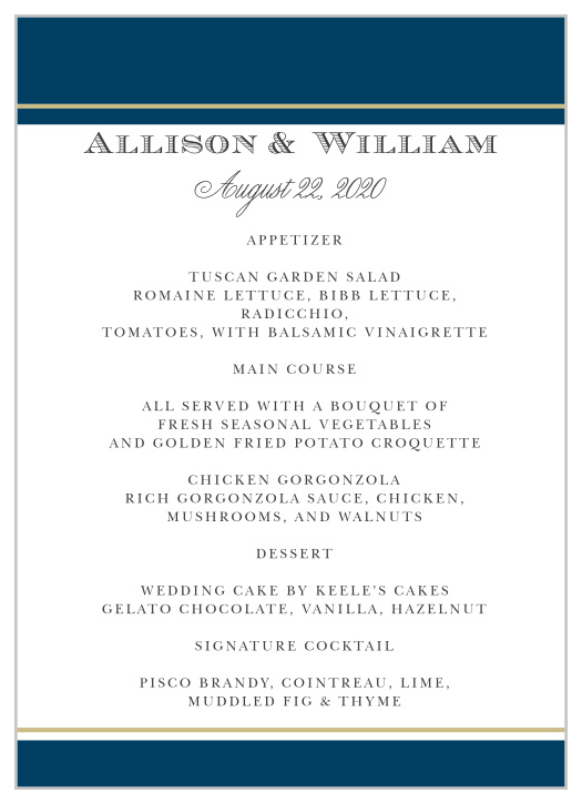 Impress your guests with the simple and bold look of our Photo Ribbon wedding menu.