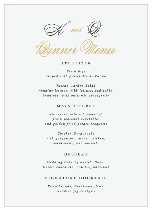 Describe each delicious dish that will be served at your reception with our Timeless Classic Wedding Menus.