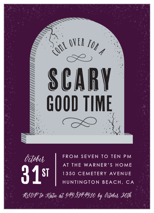 Give your friends and family chills with our graveyard-inspired tombstone Scary Good Halloween Party Invitations.