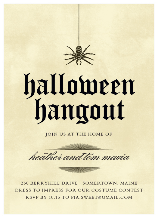 On a background of well-weathered parchment, and with a spider hanging precariously over the title, our Spider Parchment Halloween Party Invitations are your quintessential Halloween card.