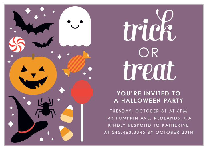 Pumpkins, bats, spiders, & ghosts oh my! The Costumes & Candy Halloween Party Invitations are the perfect cards for your frightful bash this year!