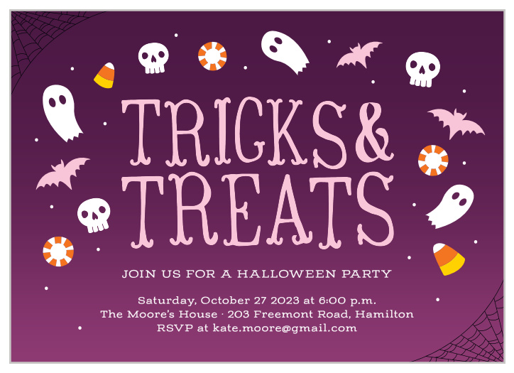 Keep them knocking on your door all night with our Tricks & Treats Halloween Party Invitations.