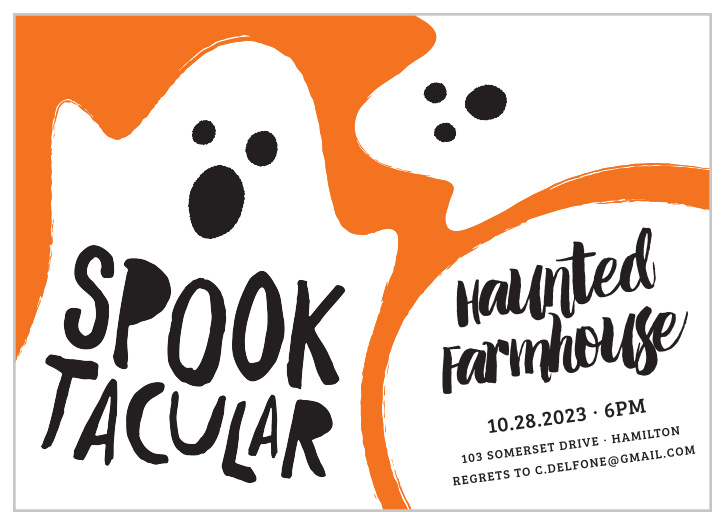 A pumpkin orange background is contrasted by a couple of ghastly ghouls for our Spooktacular Boo Halloween Party Invitations.