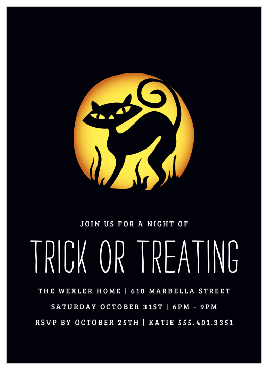 Our Black Cat Halloween Party Invitations catch the eye with a highly contrasted illustration of a black cat set against an eerie pumpkin glow.