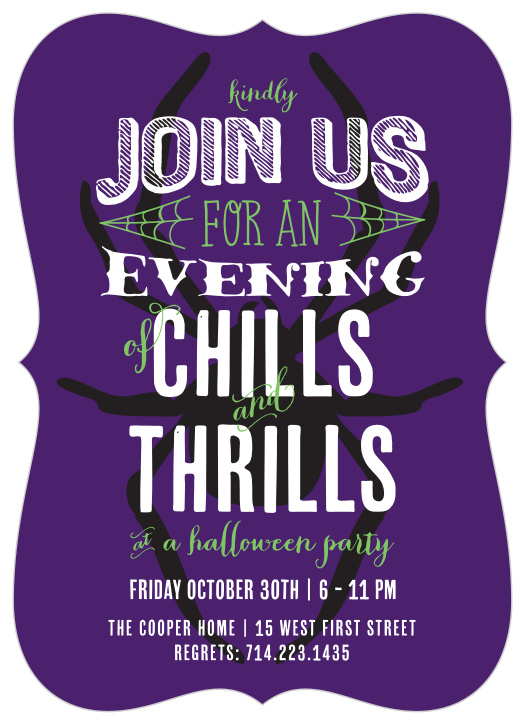 Have your guests over for a night of "Chills & Thrills" with these frightful halloween party invitations!