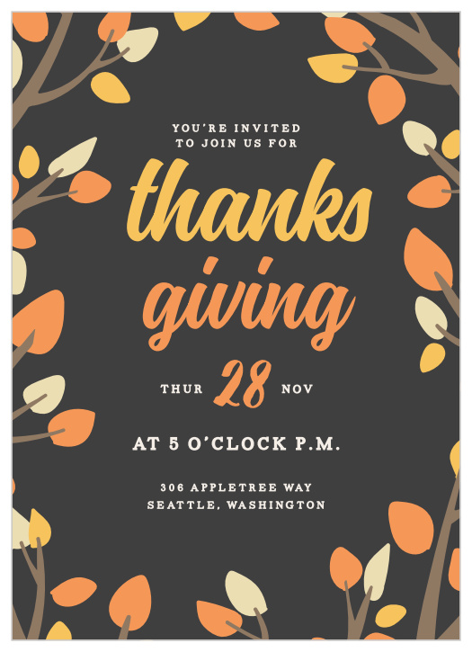 Use the vibrant hues and classic fall coloring on our Sunset Leaves Thanksgiving Party Invitation to gather together all of your friends and family.
