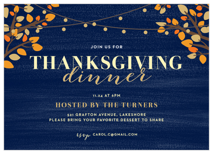 For the perfect representation of the fall season, use our String Lights Foil Thanksgiving Party Invitation.