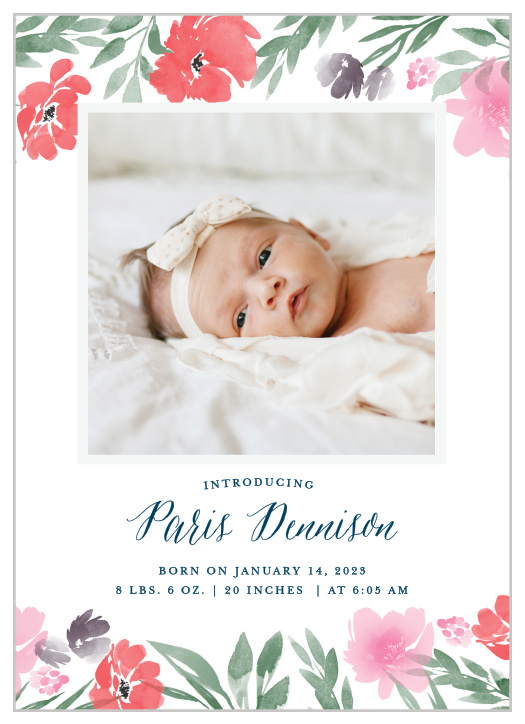 A beautiful photo of your newborn decorates the center of our Watercolor Garden Birth Announcements, surrounded by borders of watercolor flowers.