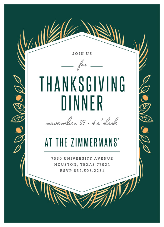 Have your friends and family over for dinner and night to remember with the Autumn Elegance Thanksgiving Party Invitation!