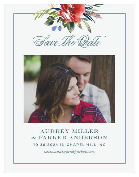 The Arctic Florist Save the Date Cards feature an ecru background that is contrasted against the vivid red of the watercolored floral arrangement that adorns the top of the card.