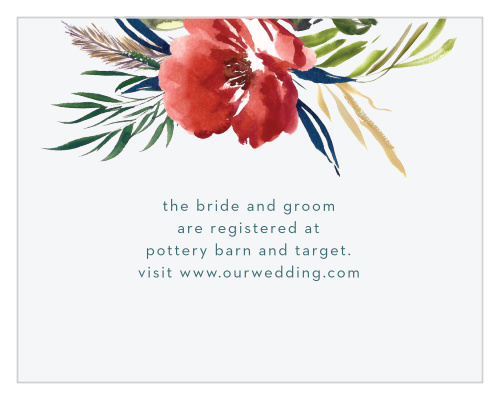 The Arctic Florist Registry Cards feature an ecru background that is contrasted against the vivid red of the watercolored floral arrangement that adorns the top of the card.