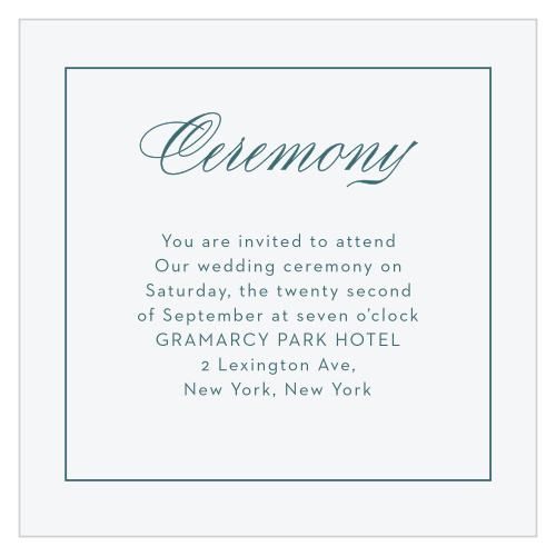 The Arctic Florist Ceremony Cards feature an ecru background and a lake green border framing an elegant script detailing the info of your intimate event.