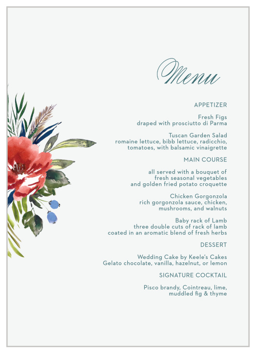 An ecru background sets a slight contrast against the vivid red of the watercolored floral arrangement on the Arctic Florist Wedding Menus. 