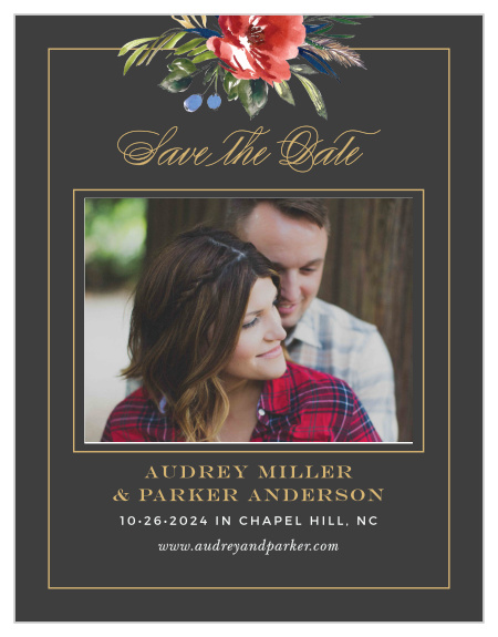 The Arctic Florist Foil Save the Date Cards feature a stormy background that is contrasted against the vivid red of the watercolored floral arrangement that adorns the top of the card.