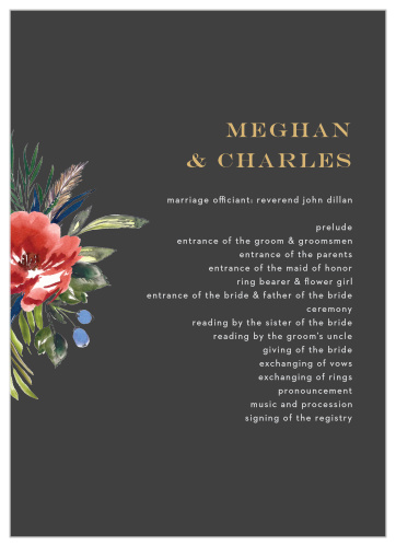 A stormy background contrasts against the vivid red of the watercolored floral arrangement on the Arctic Florist Foil Wedding Programs.