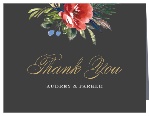 The Arctic Florist Foil Thank You Cards feature a stormy background that is contrasted against the vivid red of the watercolored floral arrangement that adorns the top of the card.