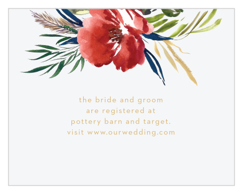 The Arctic Florist Foil Registry Cards feature an ecru background that is contrasted against the vivid red of the watercolored floral arrangement that adorns the top of the card.