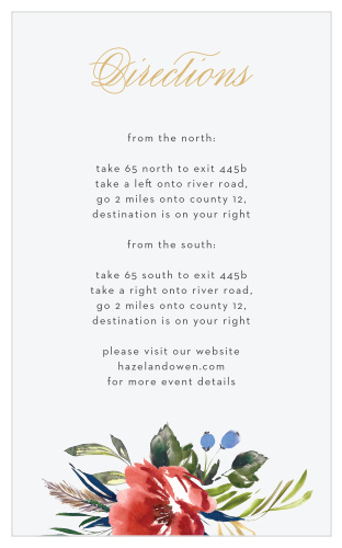 The Arctic Florist Foil Direction Cards feature an ecru background that is contrasted against the vivid red of the watercolored floral arrangement that adorns the bottom of the card.