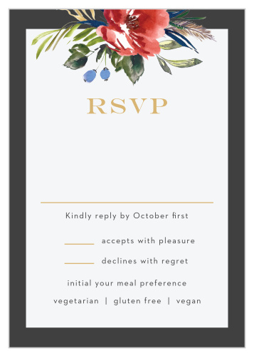 The Arctic Florist Foil Response Cards feature a stormy background that is contrasted against an ecru text background and the vivid red of the watercolored floral arrangement that adorns the top of the card.