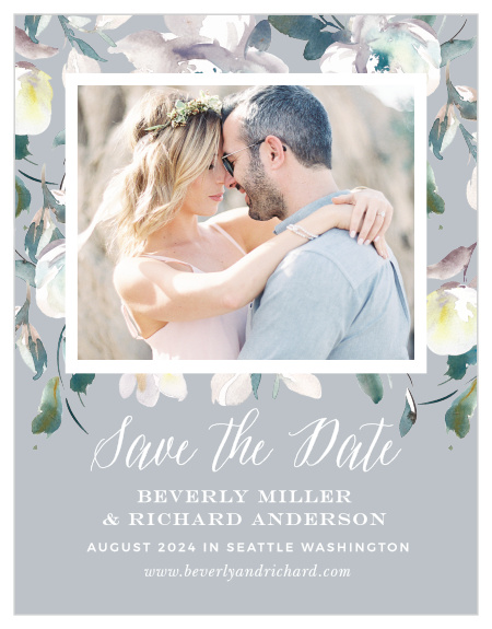 The Antique Blooms Save-the-Date Magnets feature vintage, watercolored florals framing your gorgeous engagement photo atop a moonstone background.
