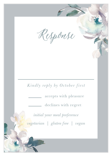 The Antique Blooms Response Cards feature vintage, watercolored florals framing a white response background atop a moonstone background.