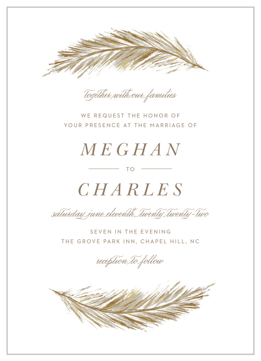Your Falling Feathers Wedding Invitations are written in a trio of typefaces- an elegant print, a soft script, and a bold monospace-  and adorned with gracefully floating feathers along the top and bottom borders.