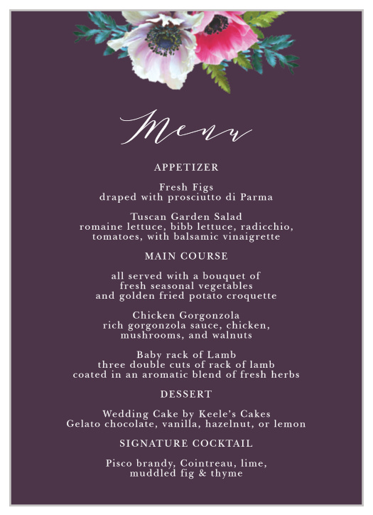 The Vibrant Anemone Wedding Menus are an exquisite display of contrasts.