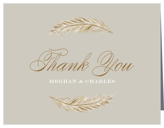 Make your appreciation tangible for your loved ones with our stunning Falling Feathers Thank You Cards. Delicate, pseudo-gold feathers form top and bottom borders around the text in the center of the card: your gratitude is written in a large, flowing cursive, while your names are spelled out in a soft, cream print for guaranteed readability.
